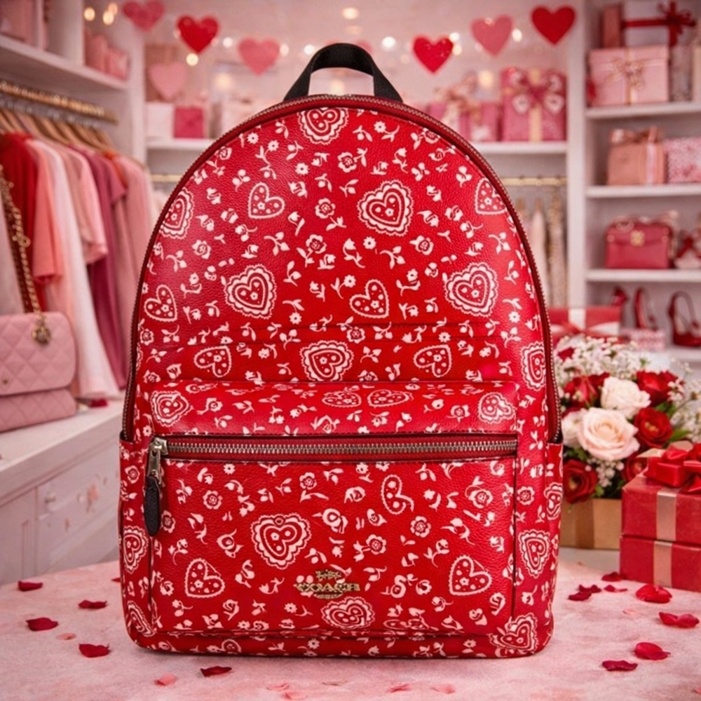 Coach Charlie Red White Lace Hearts‎ Floral Pattern Backpack Bag Work School